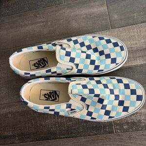 Vans  Blue and White Checkered Slip-On Sneakers